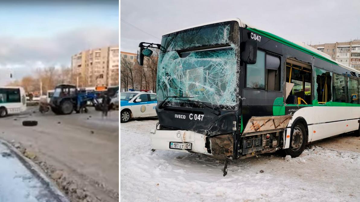 Трактор-снегоуборщик столкнулся с автобусом в Нур-Султане
