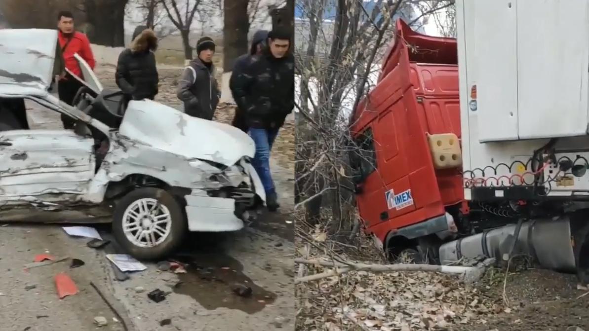 Длинномер DAF протаранил ВАЗ-2114 на трассе близ Алматы
